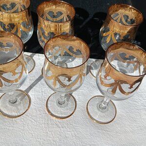 6 Vintage Medici Wine Glasses 24K Gold Made in Italy. 6.75"